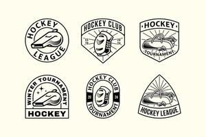 set of hockey outline badge logos with hockey bag and whistle and knee pads element design for hockey team and league and champion vector