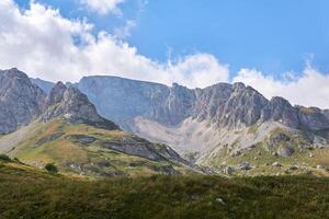 alpine meadow with a high mountain range in the background photo