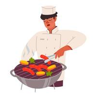 Chef frying sausages and vegetables on the grill. Flat vector illustration