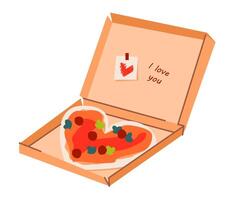 Heart shaped pizza in the box with a love message. Love concept. Vector illustration