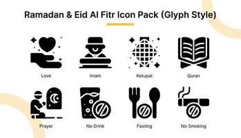 Ramadán y eid Alabama fitr icono conjunto en glifo estilo adecuado para web y aplicación iconos, presentaciones, carteles, etc. vector