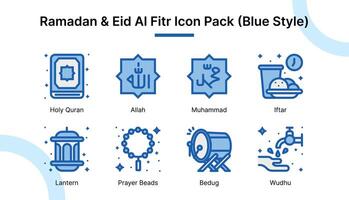 Ramadán y eid Alabama fitr icono conjunto en azul estilo adecuado para web y aplicación iconos, presentaciones, carteles, etc. vector