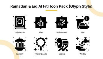 Ramadán y eid Alabama fitr icono conjunto en glifo estilo adecuado para web y aplicación iconos, presentaciones, carteles, etc. vector