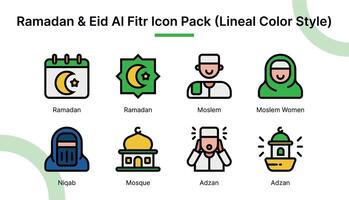 Ramadán y eid Alabama fitr icono conjunto en lineal color estilo adecuado para web y aplicación iconos, presentaciones, carteles, etc. vector