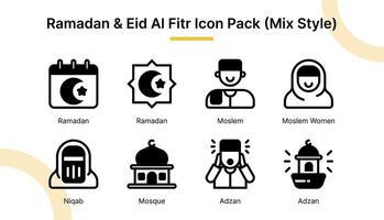 Ramadán y eid Alabama fitr icono conjunto en glifo estilo adecuado para web y aplicación iconos, presentaciones, carteles, etc. vector