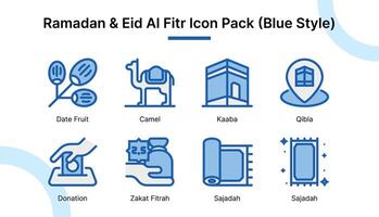 Ramadán y eid Alabama fitr icono conjunto en azul estilo adecuado para web y aplicación iconos, presentaciones, carteles, etc. vector