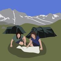 vector aislado ilustración de montaña paisaje con carpas cámping en el montañas. dos muchachas son mirando a un mapa. orientar en el montañas