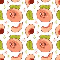 Peach Fuzz, a cute retro cartoon character. Groovy vintage summer seamless pattern. 1970s. Tropical exotic fruits. Healthy food. Trendy old style. For menu, cafe, wallpaper. Veganuary. vector