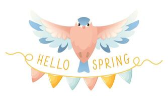 Spring bird in flight, text hello spring, decorated with flags. vector