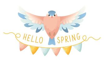 Spring bird in flight, text hello spring, decorated with flags. vector