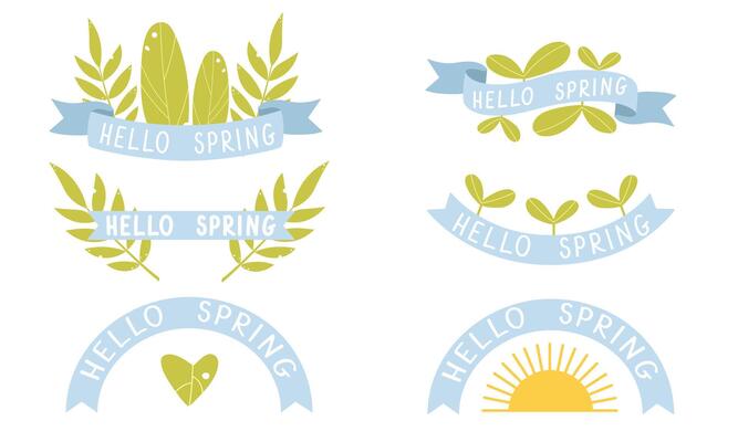 Set of vintage ribbons with plant elements, the text hello spring.