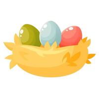 Easter colorful eggs in a nest made of straw. Festive composition, vector illustration on a white background. Cartoon nest with three eggs.Happy Easter. Design for Easter cards, banners.