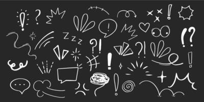 Set anime emotion effect attention elements, expressions speech bubble white in comic doodle style isolated on dark background. Vector illustration