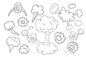 Comic motion effect, clouds speed way, trail set fast wind swirl, puff poof elements isolated on white background. Blow explosion. Vector illustration