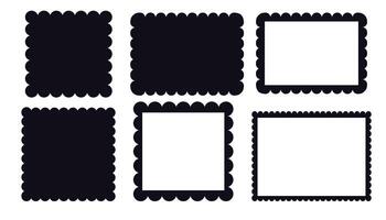 Scalloped edge border silhouette shapes, wavy borders isolated on white background. Scallop stamp, rectangle frame. . Vector illustration