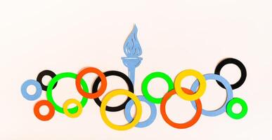 Olympics, Paris, France, summer, 2024. Multi-colored rings and flame on a light web banner photo