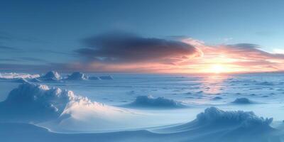 ai generado frío amanecer terminado Nevado ártico paisaje con montículos foto