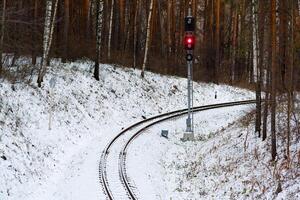 estrecho calibre ferrocarril en invierno bosque foto