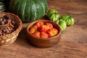 harvest of fresh tomatoes, pumpkin and basket with hazelnuts stacked on the floor photo