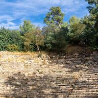 ruins of antique amphitheater among the forest in the ancient city of Phaselis, Turkey photo