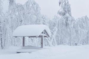 wooden gazebo with picnic table in a snowdrift after a heavy snowfall in a frosty winter park photo