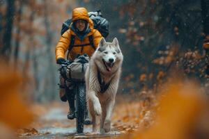 ai generado fornido perro carreras con un ciclista en un turismo foto