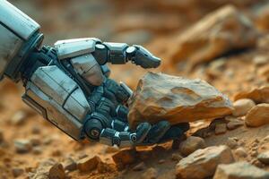 AI generated hand of a humanoid robot picks up a mineral sample from the surface of the planet photo