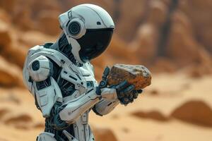 AI generated humanoid robot exploring a mineral sample on the planet Mars photo