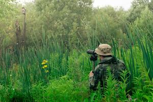 man birdwatcher makes field observation with a spotting scope standing among the tall grass photo