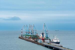 cargo berth with port cranes and moored ships against the backdrop of the open sea photo