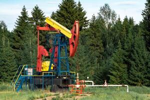 oil pumping station with pumpjack in a clearing in the forest photo