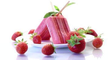 homemade strawberry ice cream on a stick made from fresh strawberries in a plate isolated on white background video