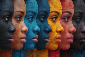 AI generated background, mural with colorful faces symbolizing unity and diversity photo