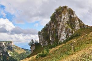 limestone cliff in the background of a spacious wooded mountain valley photo