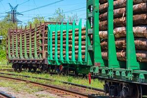 loaded railway wagons for carrying of logs close-up photo
