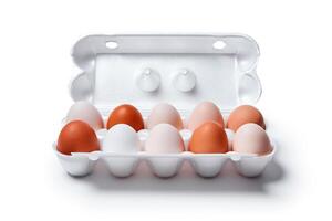 egg crate with nine white eggs and one brown isolated on a white background photo