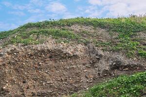 occupation earth - layers of ground with fragments of ancient pottery and shells under the sod layer photo