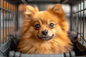 ai generado pomeranio perro de Pomerania perro en un mascota portador Listo a viaje foto