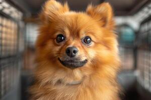 ai generado pomeranio perro de Pomerania perro en un mascota portador Listo a viaje foto
