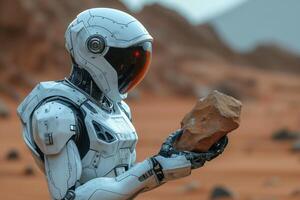 AI generated humanoid robot exploring a mineral sample on the planet Mars photo