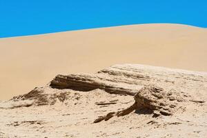 lithified sand deposits on the background of a sand dune in the desert photo