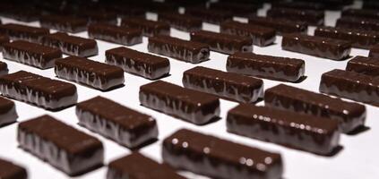 chocolate candies on the conveyor of a confectionery factory close-up photo