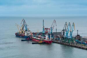 container ship is moored with the help of tugboats to a cargo berth photo