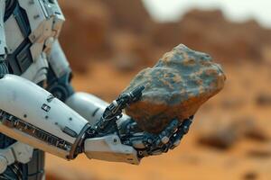 AI generated humanoid robot exploring a mineral sample on the planet Mars photo