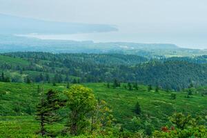typical landscape of the southern Kuriles, view of Kunashir Island from the slope of Golovnin volcano, slope of Mendeleyev volcano is visible in the distance in the haze photo