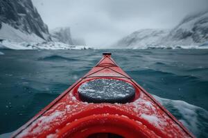 AI generated kayaking on a sea kayak against the backdrop of snowy shores photo