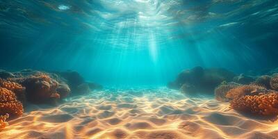 AI generated underwater view of coral reef with sunbeams and rays of light photo