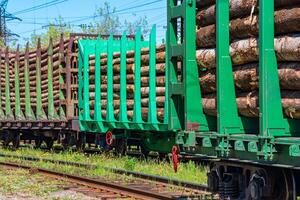 loaded railway wagons for carrying of logs close-up photo