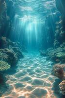 AI generated underwater view of coral reef with sunbeams and rays of light photo