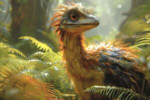 AI generated little feathered dinosaur among ferns photo